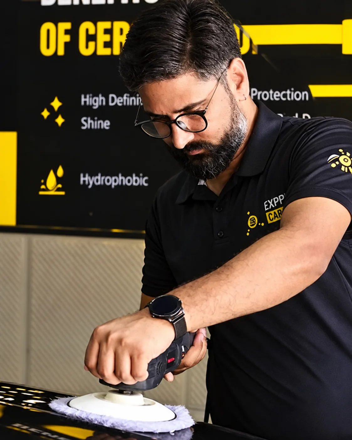 Trained Exppress Car Wash team using professional cleaning equipment
